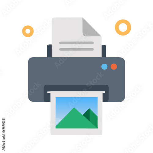 Illustration of a printer with paper and a printed image displaying mountains and a blue sky view