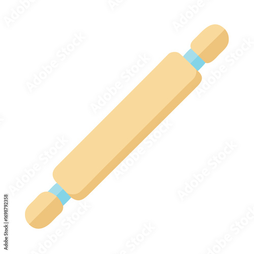 A simple illustration of a light brown rolling pin with blue accents on a white background image