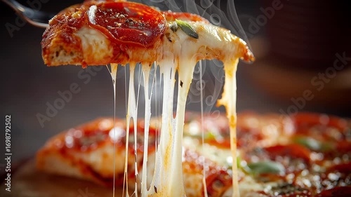 A slice of hot margherita pizza is being lifted with a serving spoon. The cheese stretches as it's lifted, and steam rises from the fresh, cooked ingredients in a dark interior.
