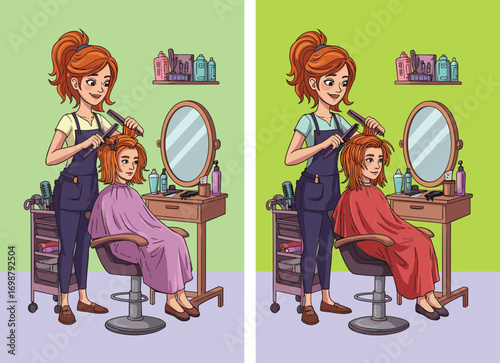 Spot the Difference Hair Salon Scene with Hairdresser Styling Customer, Curling Iron Action, Cozy Interior, Beauty Service Vector Illustration