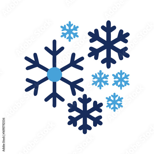Illustration of several snowflakes in varying sizes and shades of blue on a white plain background