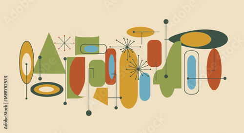 Mid-Century Modern Geometric Composition with Retro Colors and Shapes.