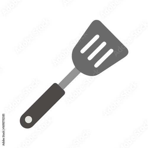 A gray spatula with three slots and a black handle is displayed on a white background in a simple style