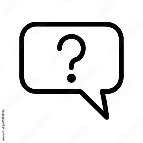 A simple illustration of a question mark inside a speech bubble with rounded corners in black outline