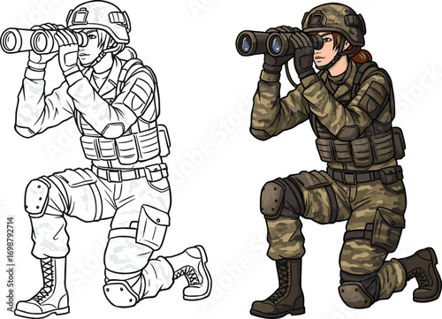 Tactical soldier kneeling with binoculars in camouflage gear, military scout illustration in line art and colored vector comparison style