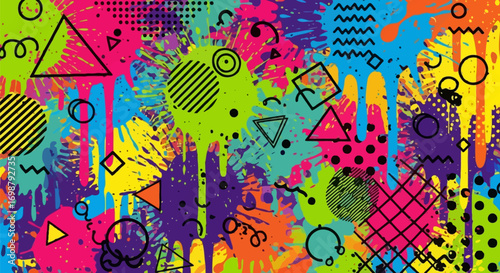 Colorful Abstract Geometric Shapes and Splatter Background.
