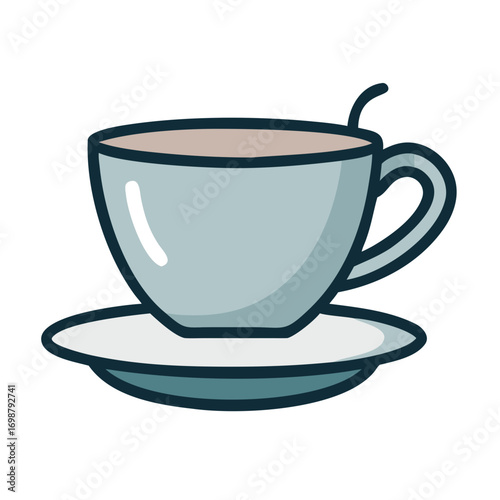A light blue teacup filled with a light brown beverage sits on a white saucer with a small spoon inside