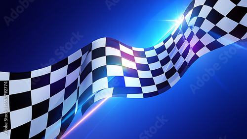 Racing checkered flag waving on blue background with light effects motion concept