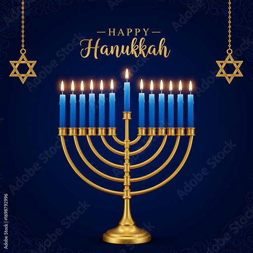 Happy Hanukkah golden menorah with blue candles and stars of David on dark background