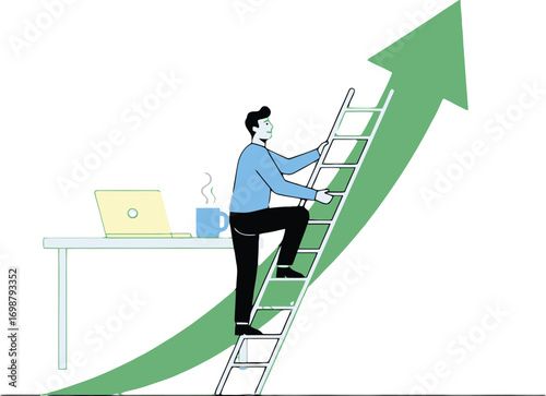 Man Climbing Ladder to Success, Career Growth & Advancement, Business Growth Concept, Climbing Ladder to Goals, Professional Development Illustration