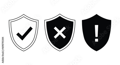 three shields with checkmark cross and exclamation symbols