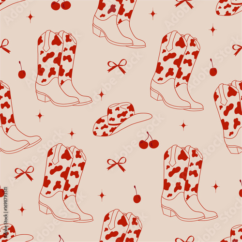 Cowboy boots and hat with cow print, cherry, star, bow. Seamless pattern. Wild West, western theme.Trendy seamless pattern. Hand drawn vector design 