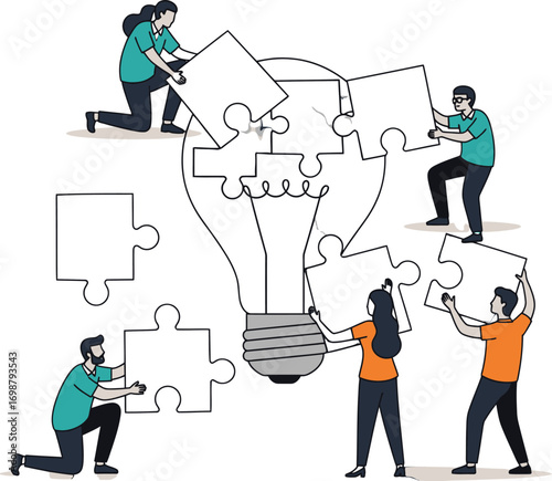 Teamwork Puzzle Solution, Collaborative Innovation Idea, Creative Problem Solving Group, Business Puzzle Success, Lightbulb Teamwork Concept