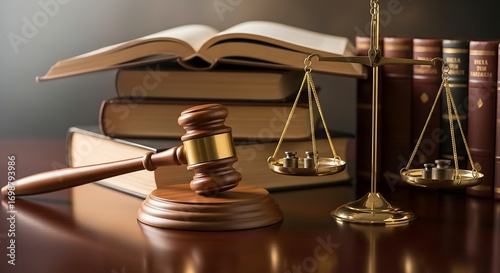 Legal balance: Gavel, scales, and books symbolizing fairness and justice in the court