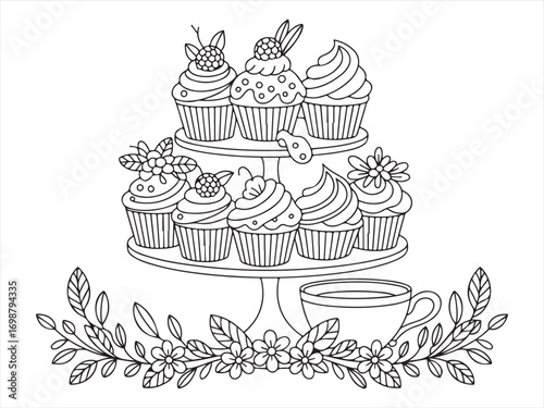 Cupcake stand coloring page illustration with decorative desserts, cup of tea, and floral arrangement, black and white line art drawing for children activity, bakery sweets outline for coloring book d