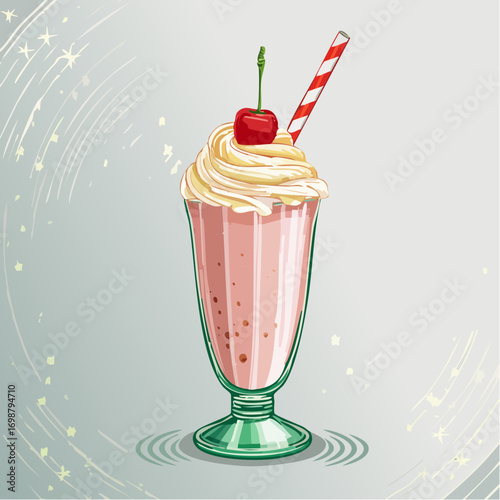 stippled strawberry milkshake pastel vector illustration for dessert and café branding