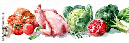 Watercolor painting vector illustration. Meat, tomatoes, greens. Good diet isolated on white background. Banner