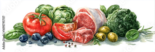 Watercolor painting vector illustration. Meat, tomatoes, broccoli, olives, greens. Good diet isolated on white background. Banner