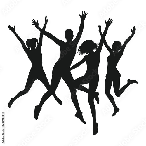 Vector art of silhouette of five young people jumping and dancing with arms raised in celebration