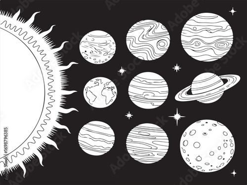 Solar system sketch with comet, moon, Earth, and Saturn outline