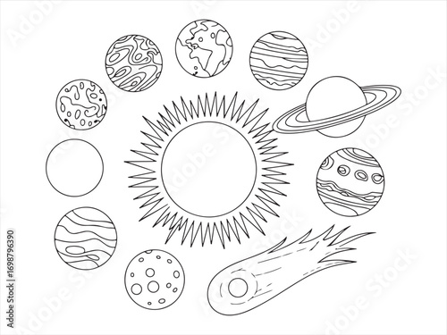 Outer space planets and sun illustration in black and white line art