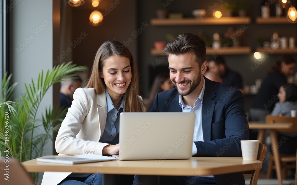 Fototapeta premium Teamwork in a cafe: Two business professionals using a laptop during a business lunch. High quality