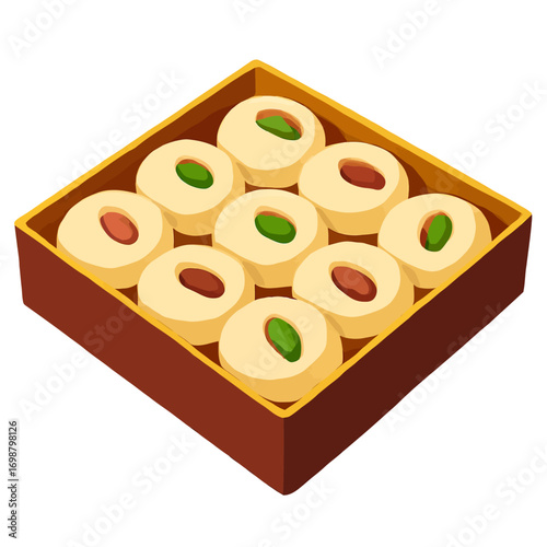 Beige sellou  ghriba  in brown box has almond, pistachio tops. Traditional Moroccan sweets branding, website graphic, food blog, or social media promotion.