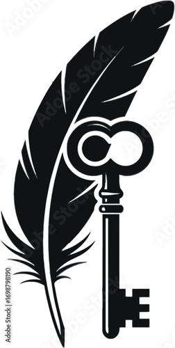 Vector art of a vintage key with feather, a symbol of knowledge, wisdom, and the power of words, representing the art of writing and unlocking secrets