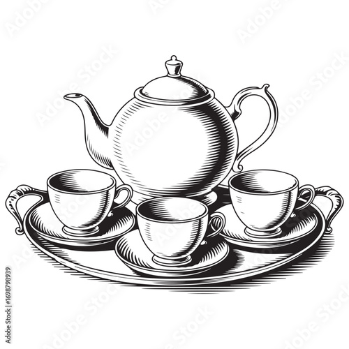 Black and White Tea Set Illustration Featuring Teapot and Cups on Ornate Serving Tray