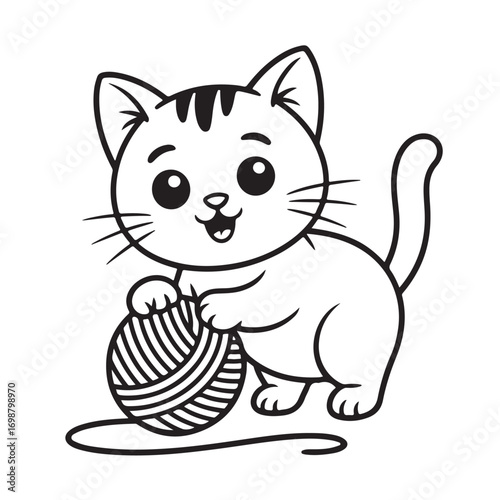Black and White Kitten Playing with Yarn Ball in Cute Cartoon Coloring Page Style