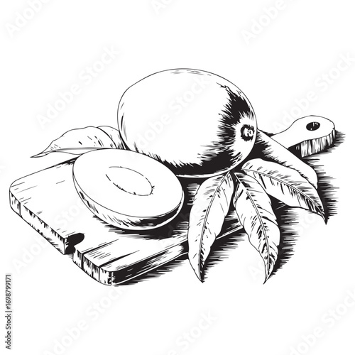 Black and White Mango Illustration with Sliced Fruit, Leaves, and Wooden Cutting Board