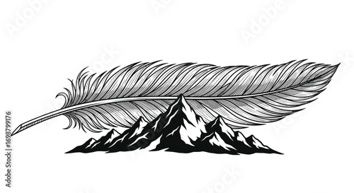 Vector art of detailed feather resting atop majestic mountain peaks, symbolizing adventure, nature, and the art of writing