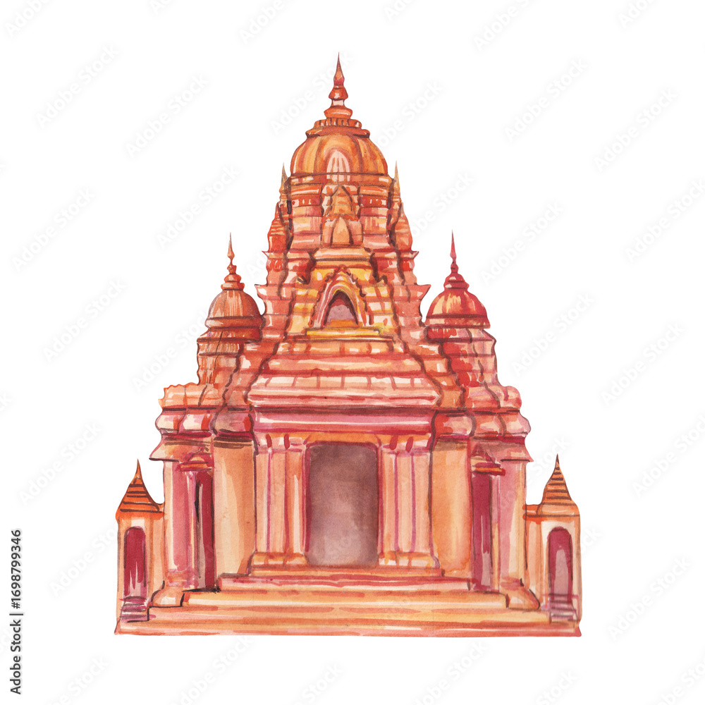 Obraz premium Watercolor illustration of a Buddhist temple. Hand-painted design inspired by Asian traditions, meditation and spiritual festivals.