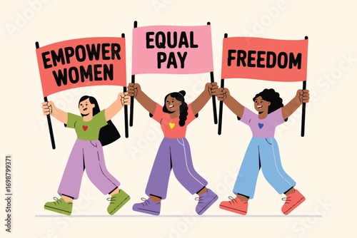 Activists Holding Signs for Women’s Rights, Equal Pay, and Freedom in Colorful Illustration