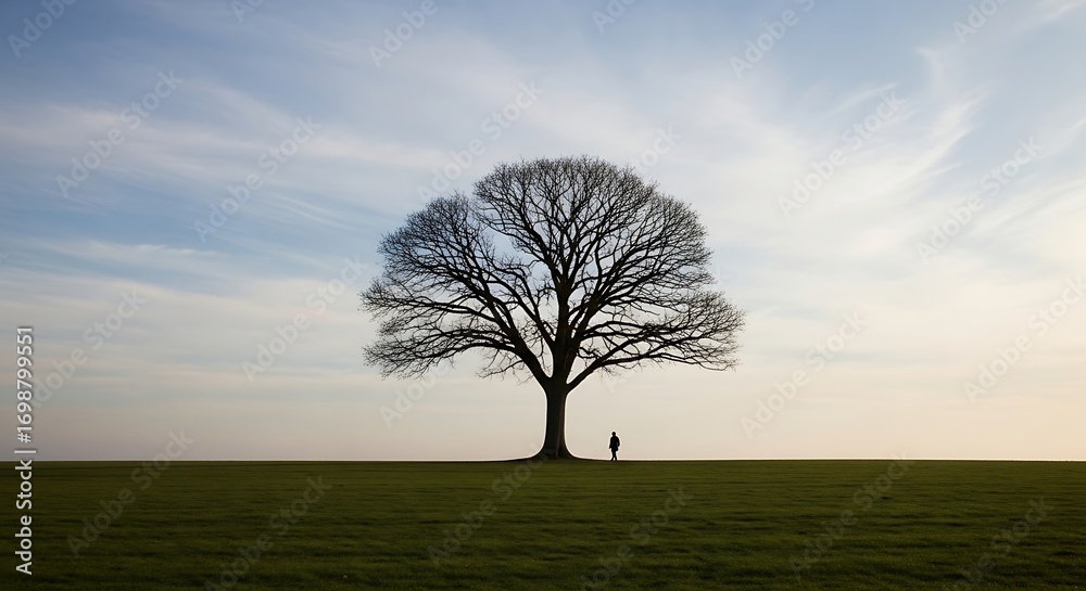 Obraz premium Lone Figure Beneath a Grand Solitary Tree.