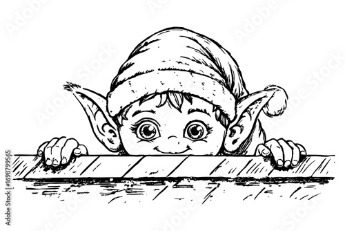 A cheerful young elf with large ears peeks over a wooden surface. The elf wears a festive hat and has bright, expressive eyes.