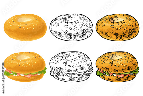Bagel with salmon, lettuce, cheese, cucumber. Vector color hand drawn vintage engraving illustration for for poster, menus, brochure, web. Isolated on the white background.