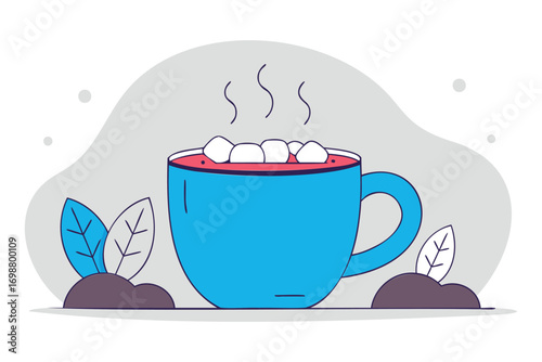 A blue cup filled with hot chocolate topped with marshmallows. The cup is surrounded by small plants and rocks, set against a light gray background.