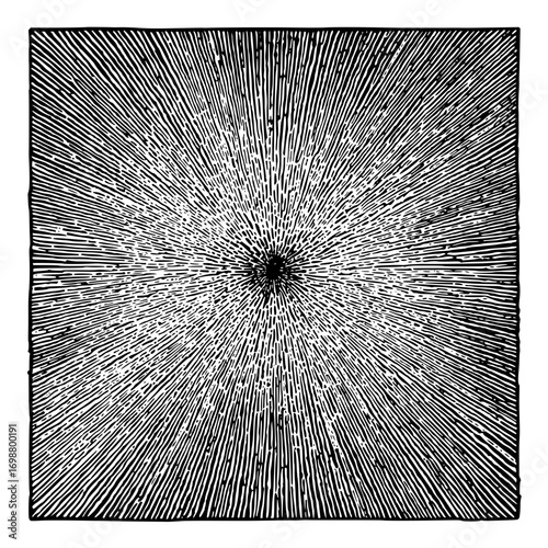 Black and white radial lines emanating from a central point in a rectangular format illustration
