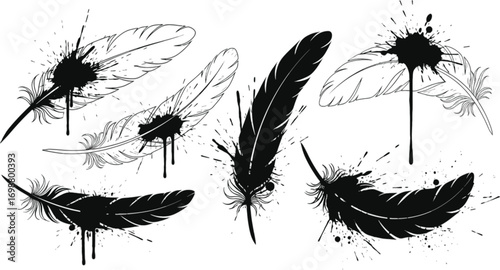 Vector art of set of black feathers with ink blots, perfect for adding a touch of artistry to your designs and projects