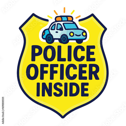 Police Officer Inside Cute Cartoon Car Badge Yellow Shield