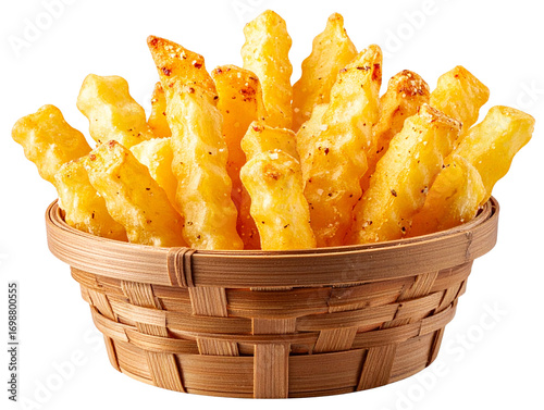 Side Angle of Seasoned French Fries in Basket, Rustic Presentation, Isolated on Transparent Background
