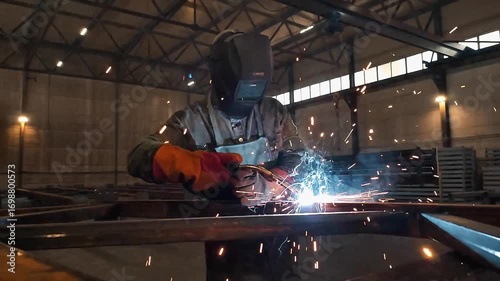 Slow motion footage of welder man welding metal beams in factory with flying bright sparks. Industrial metal welding skills in action