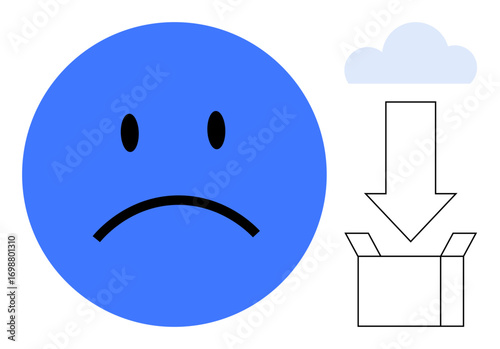Blue sad face next to cloud and downward arrow to box highlighting loss, sadness, data transfer, emotion, storage, or technology issues. Ideal for digital concepts, downloads, storage sadness loss