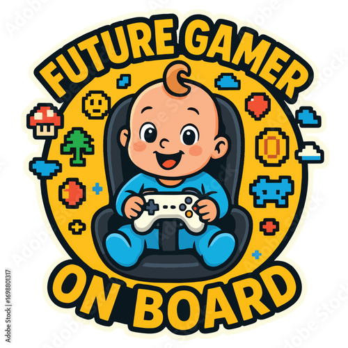 Cute Baby Future Gamer On Board Driving Fun