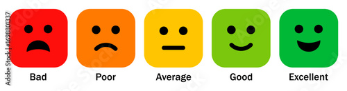 Set of colorful feedback rating emoji icons set in square shape. Bad, poor, average, good and excellent rating emoji icon set isolated on white background. Vector illustration.