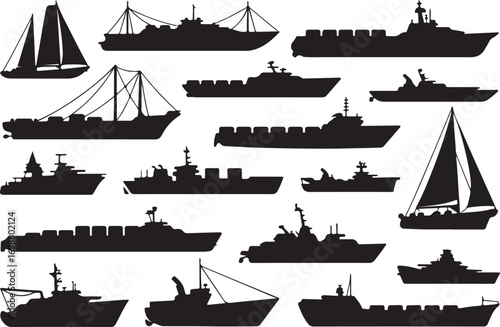 silhouette collection of sailing vessels motorboats and warships vector icons maritime transport ai eps jpeg png