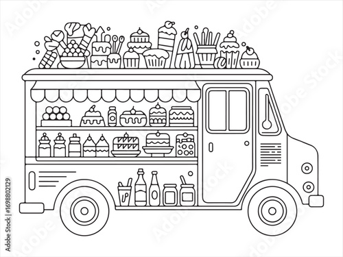 Cartoon dessert van sketch with cupcakes, donuts, and cookies