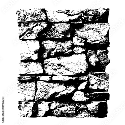 Illustration of a distressed stone wall with visible cracks and rough textures in black and white style