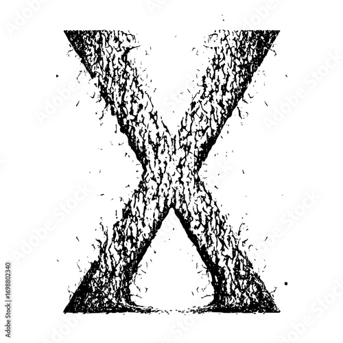 Distressed and textured letter x in black and white with frayed edges and grunge appearance design element